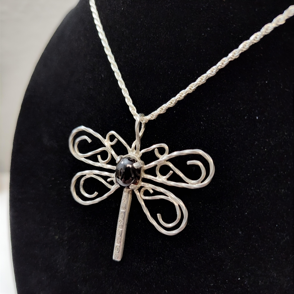 Navajo Irene Chiquito Hand wrought Sterling Silver Dragonfly Pendant Necklace
